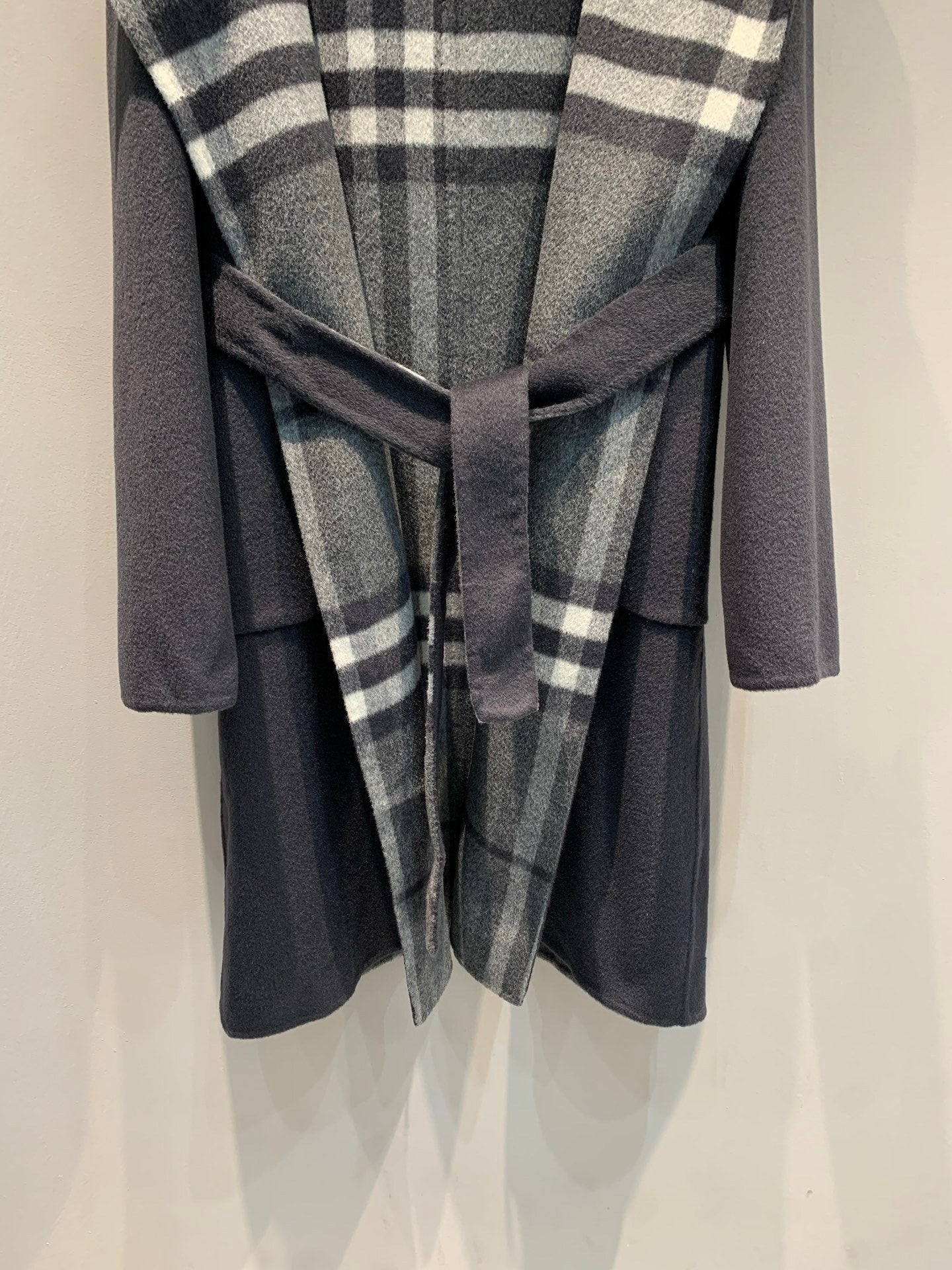 CHECK PANEL BELTED HOODED COAT