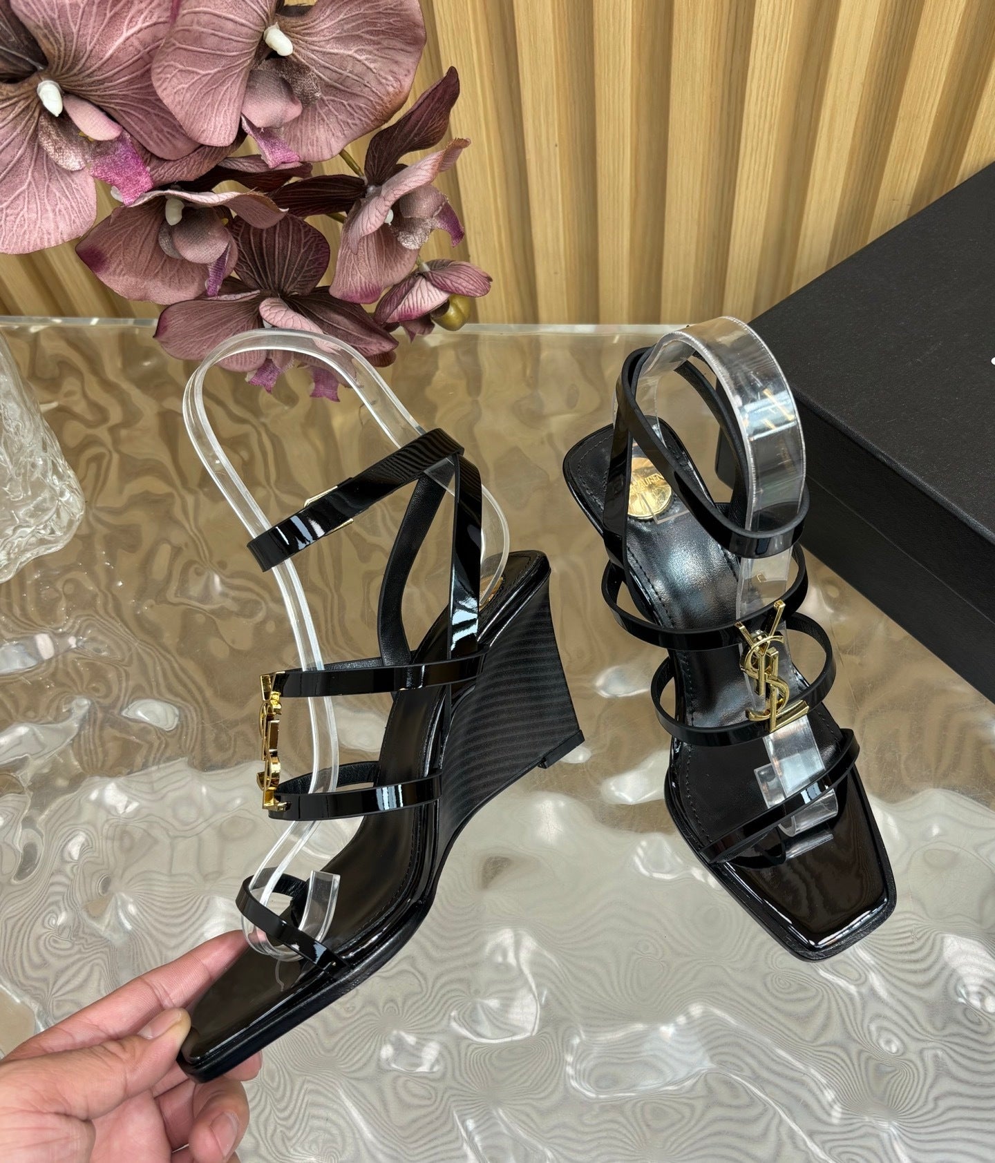 BLACK MULTI-STRAP HIGH HEEL SANDALS WITH GOLD LOGO DETAIL