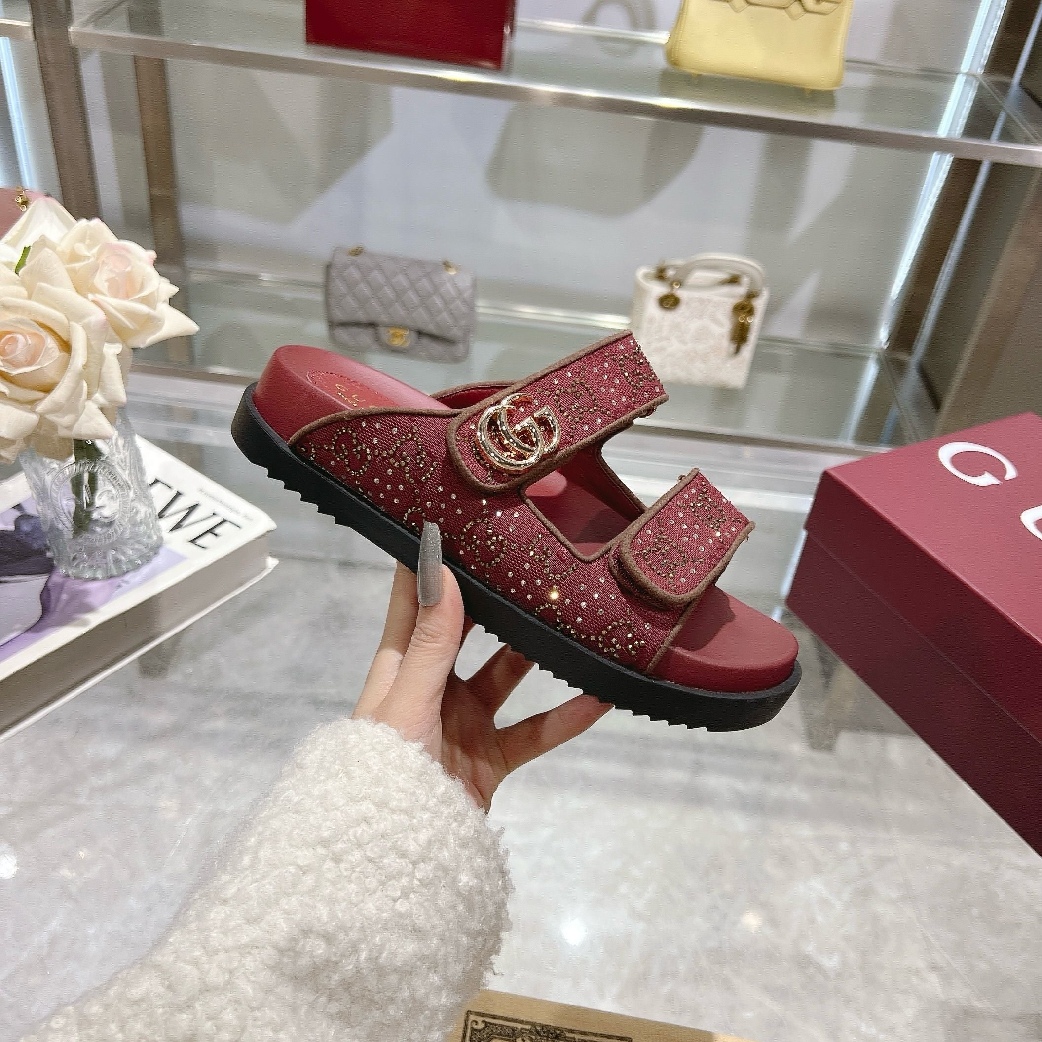 RED STUDDED DOUBLE-STRAP SLIDES