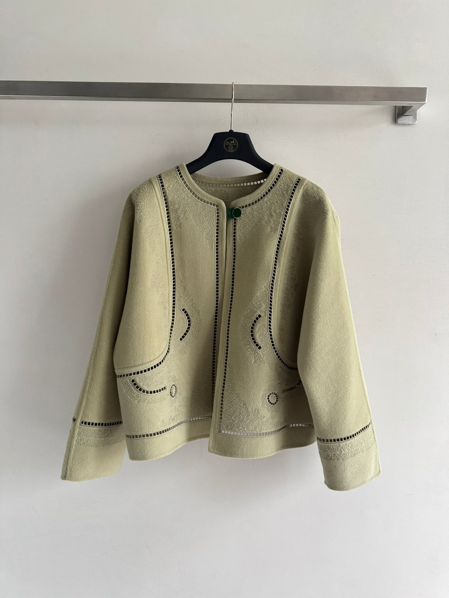SOFT SAGE EMBOSSED JACKET WITH DECORATIVE TRIM