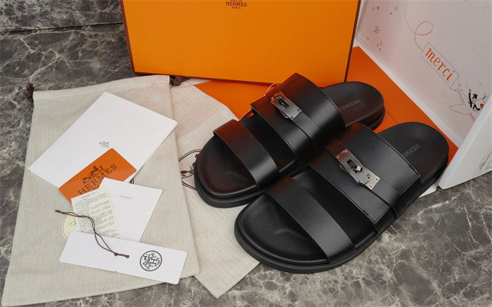 MINIMAL BUCKLE STRAP LEATHER SLIDE SANDALS