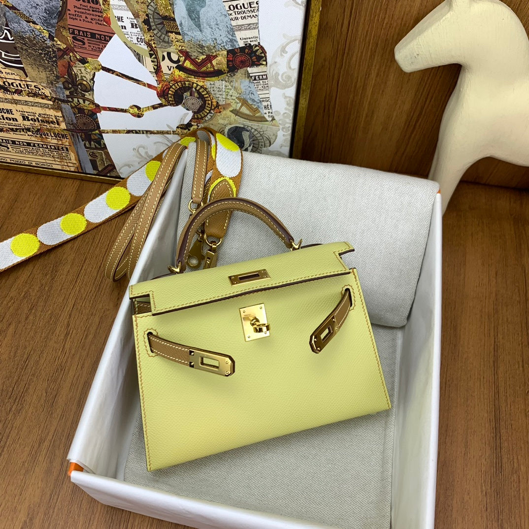 LUXURY MINI LEMON YELLOW LEATHER CROSSBODY BAG WITH WIDE STRAP