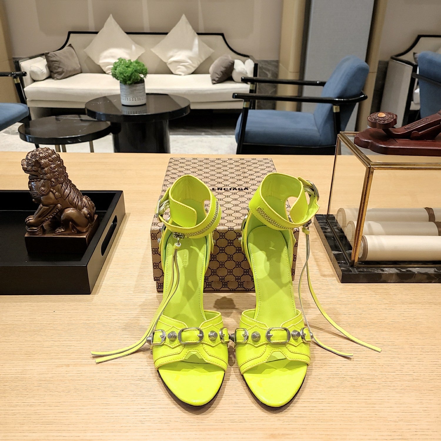 NEON GREEN BUCKLE STRAP HIGH HEEL SANDALS