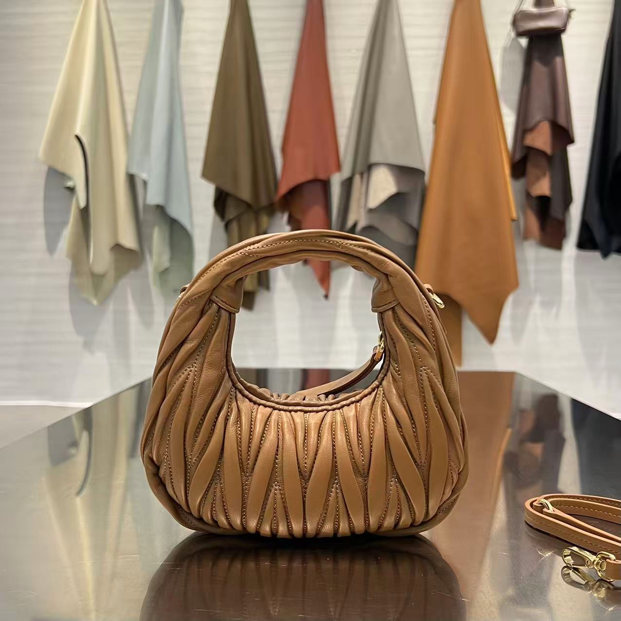 CAMEL MATELASSÉ MINI HOBO SHOULDER BAG