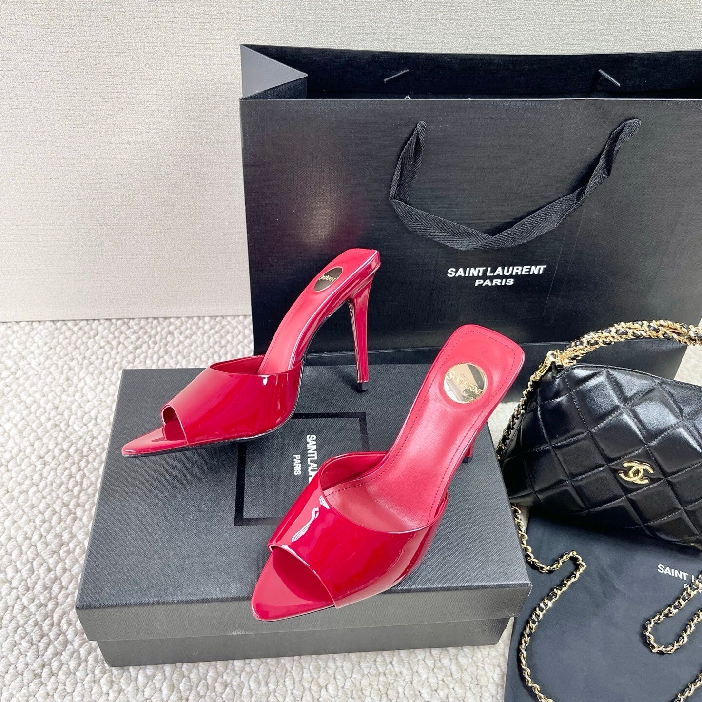 RED PATENT OPEN-TOE MULE HEELS