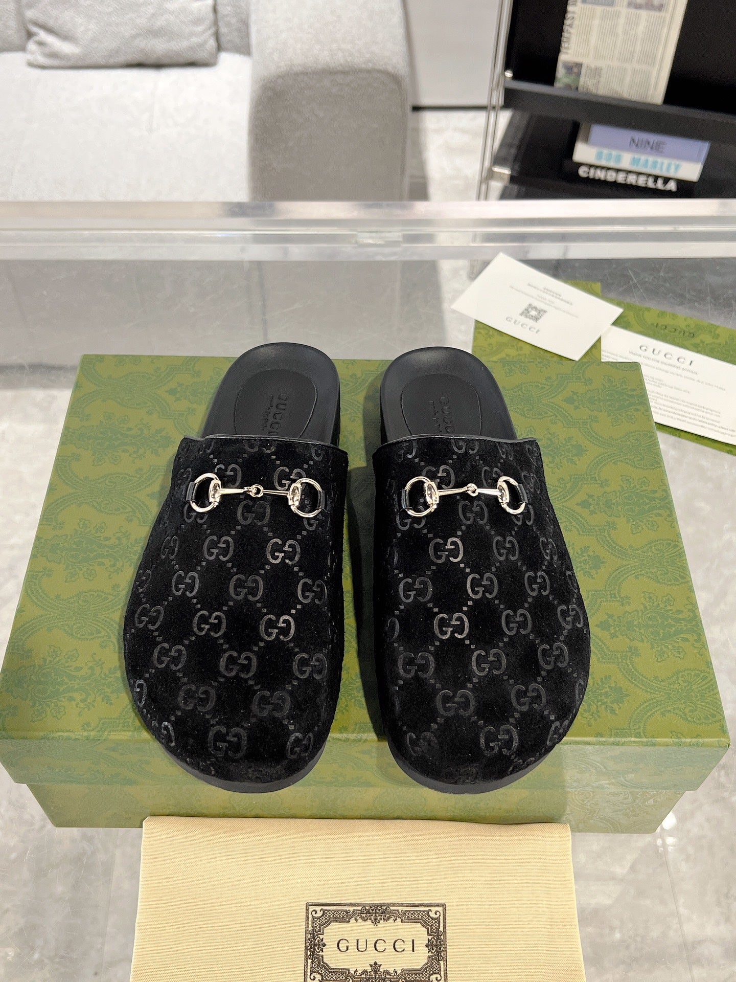 BLACK EMBOSSED MULE SLIDES