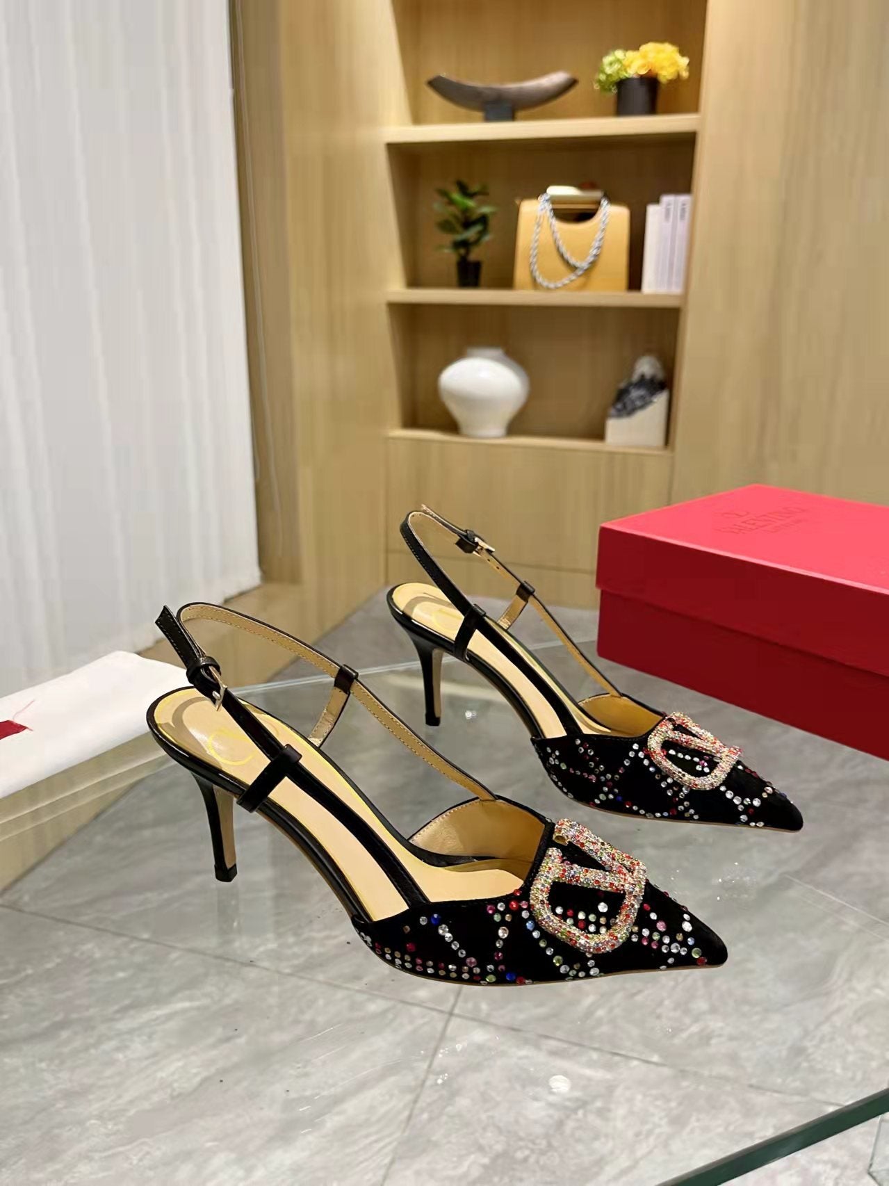 GLAM CRYSTAL EMBELLISHED SLINGBACK HEELS WITH SIGNATURE BUCKLE