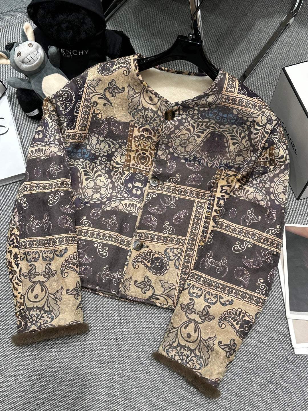 IVORY SOFT-SHEARLING JACKET WITH PATTERNED TRIM DETAILS