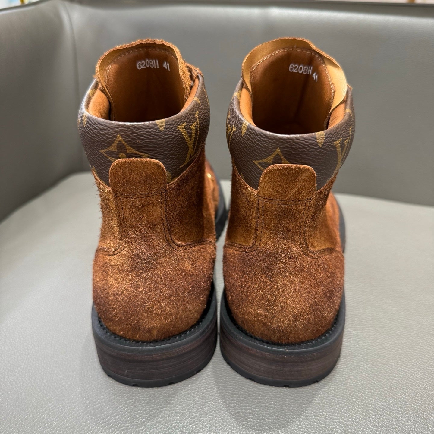 BROWN SUEDE MONOGRAM LACE-UP BOOTS