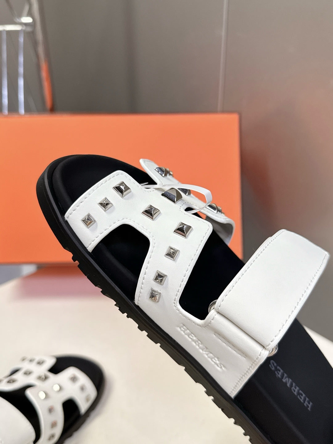 WHITE STUDDED SLIDE SANDALS