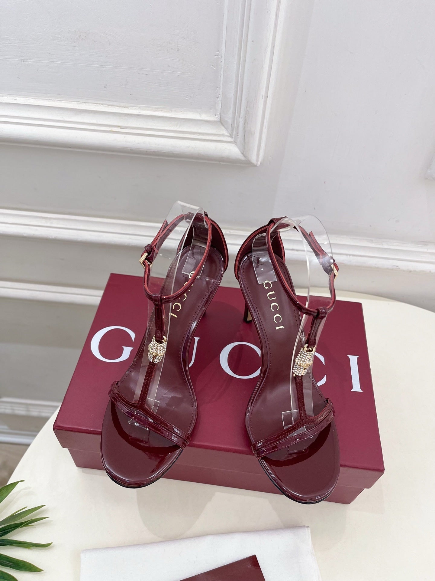 BURGUNDY TRANSPARENT STRAPPY HEEL SANDALS