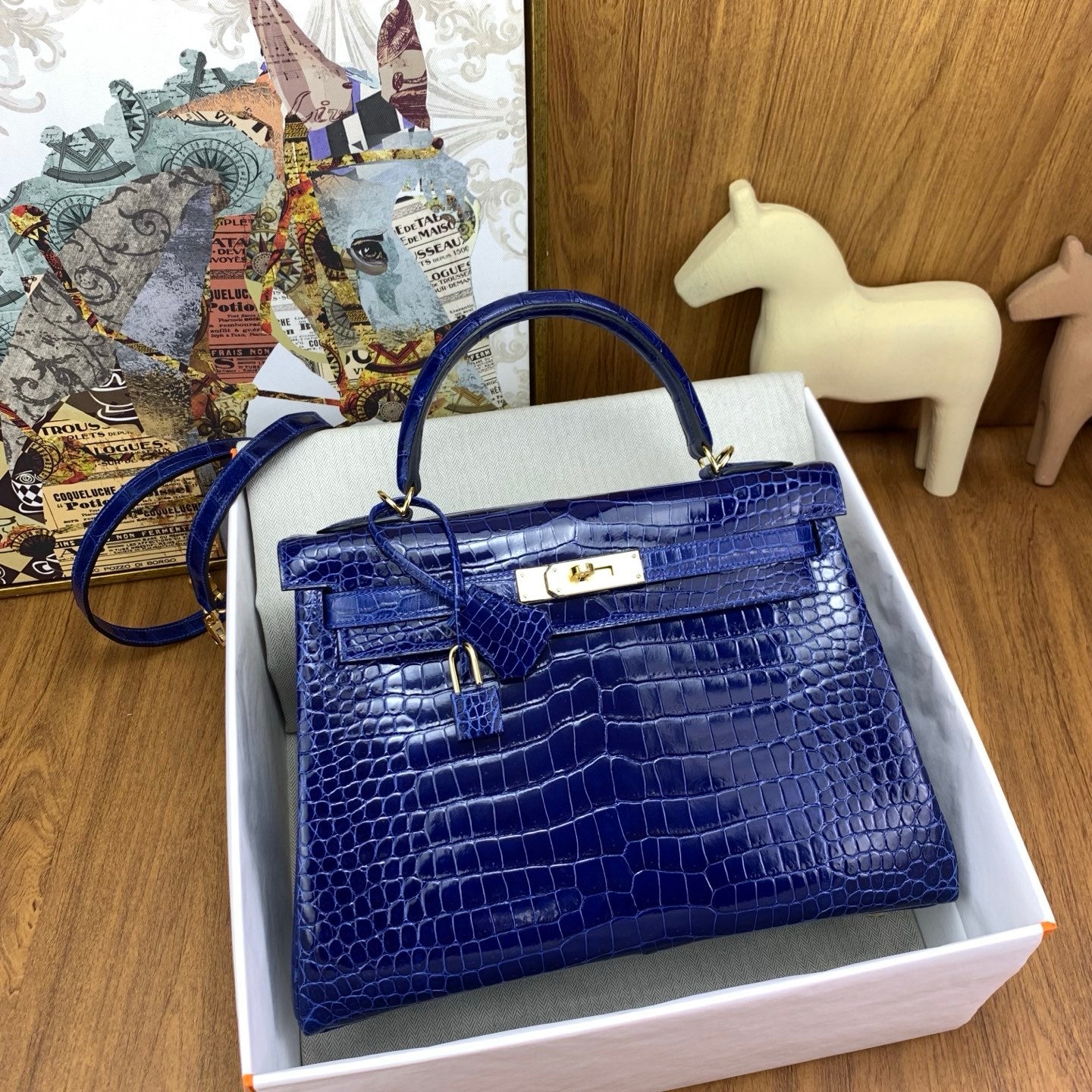 LUXURY ROYAL BLUE CROCODILE EMBOSSED LEATHER TOP HANDLE HANDBAG WITH GOLD HARDWARE