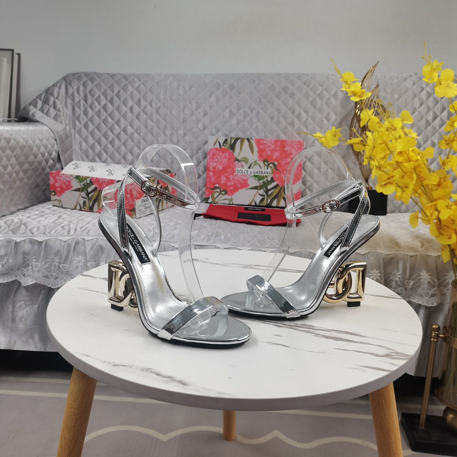 SILVER STRAPPY LOGO HEEL SANDALS