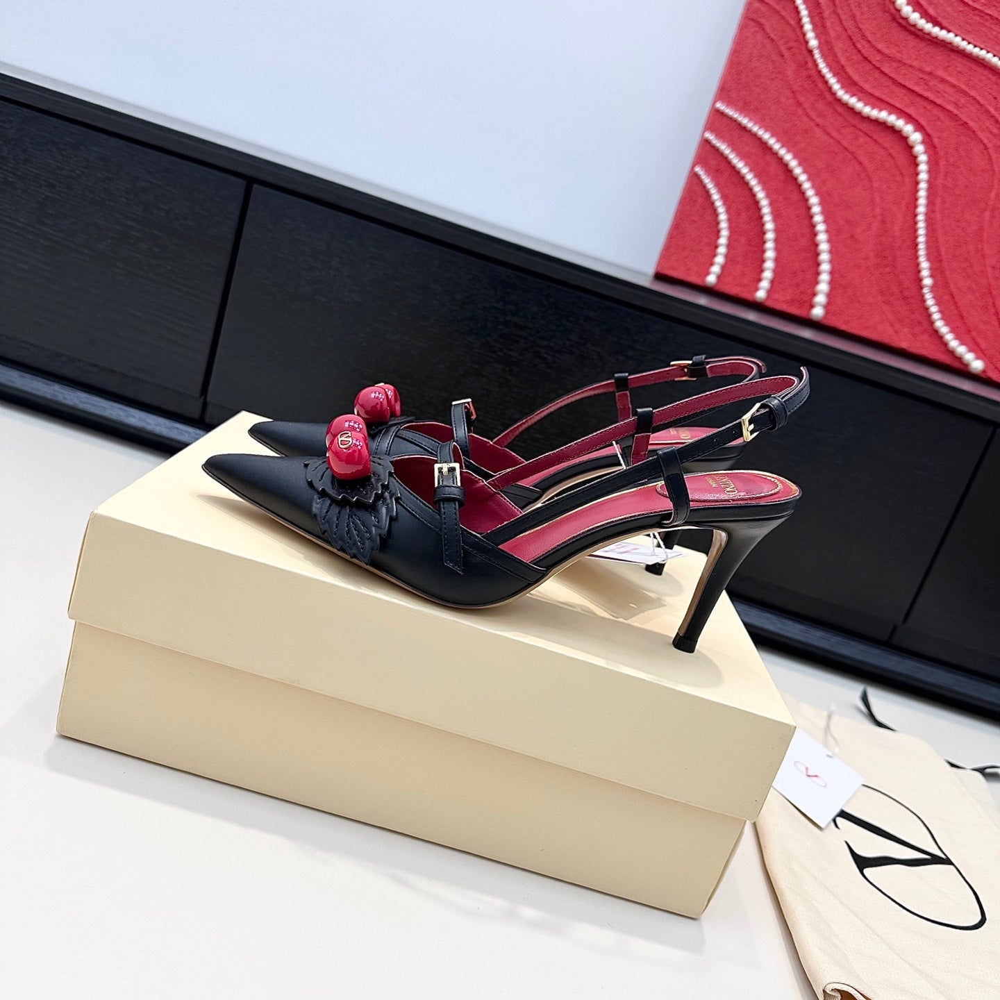 CHERRY EMBELLISHED T-STRAP POINTED HEEL PUMPS – BLACK