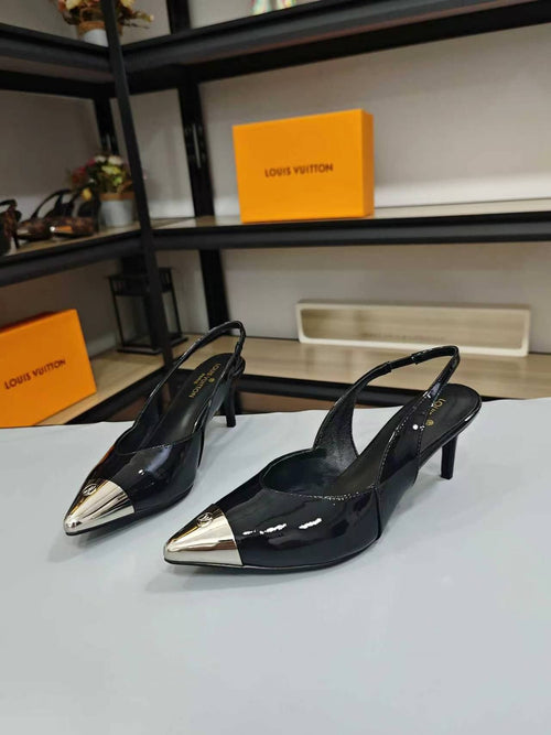 BLACK PATENT SLINGBACK HEELS WITH METAL TOE CAP