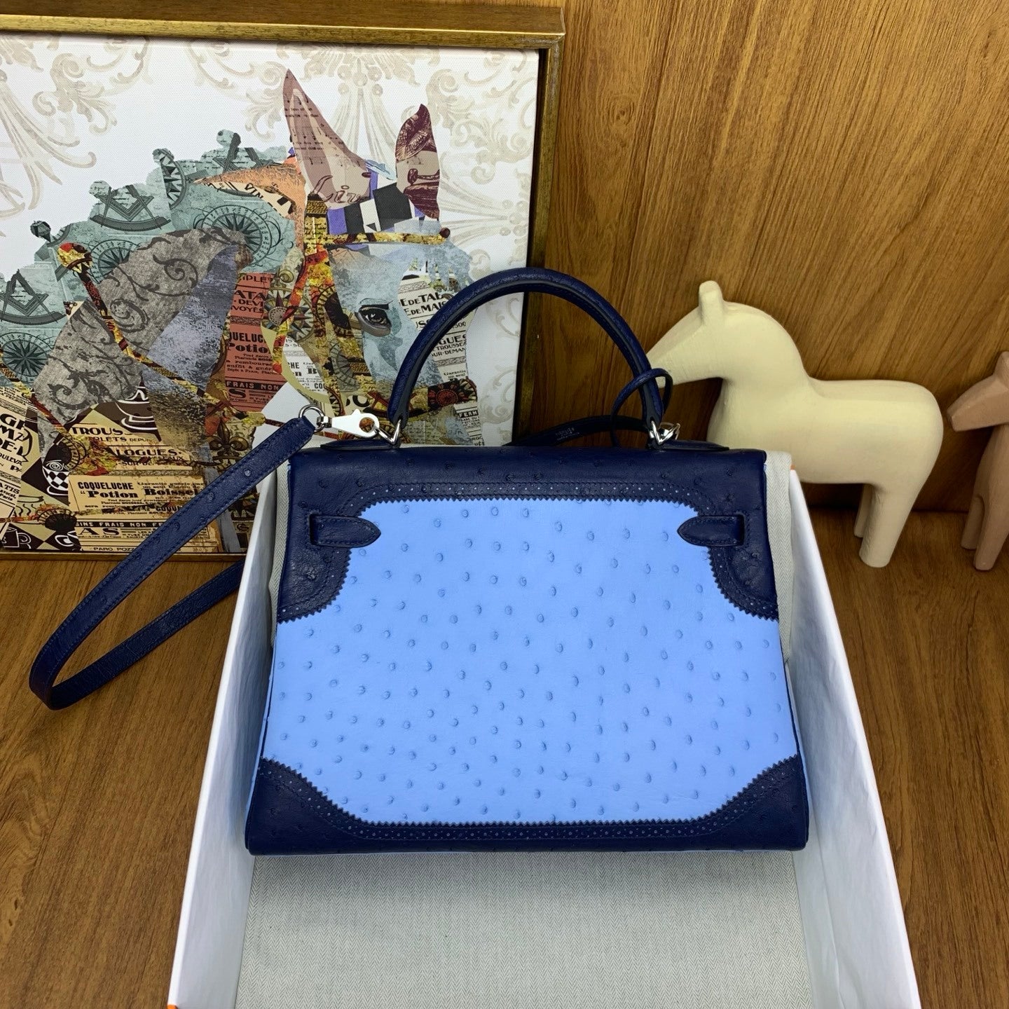 LUXURY BLUE OSTRICH LEATHER TOP HANDLE SHOULDER BAG