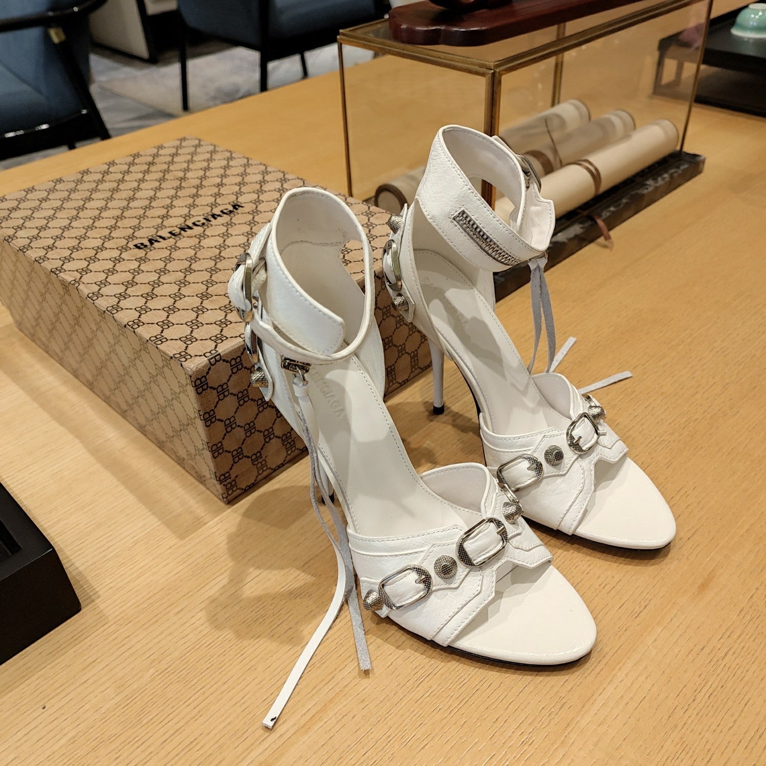 WHITE BUCKLE STRAP HIGH HEEL SANDALS