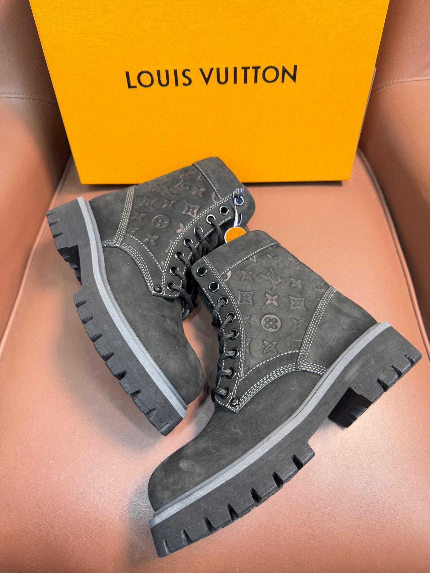 BLACK MONOGRAM SUEDE COMBAT BOOTS