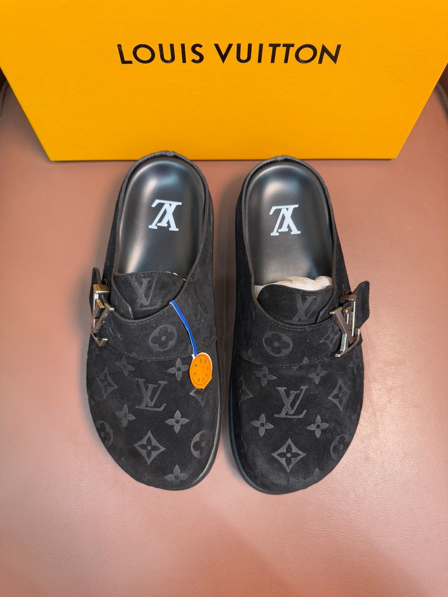 BLACK MONOGRAM SUEDE CLOGS