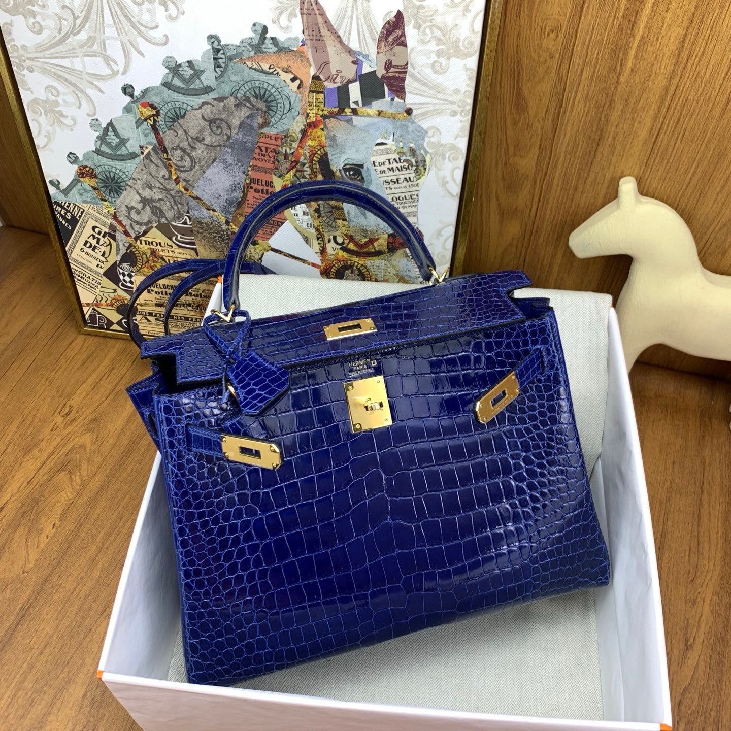 LUXURY ROYAL BLUE CROCODILE EMBOSSED LEATHER TOP HANDLE HANDBAG WITH GOLD HARDWARE