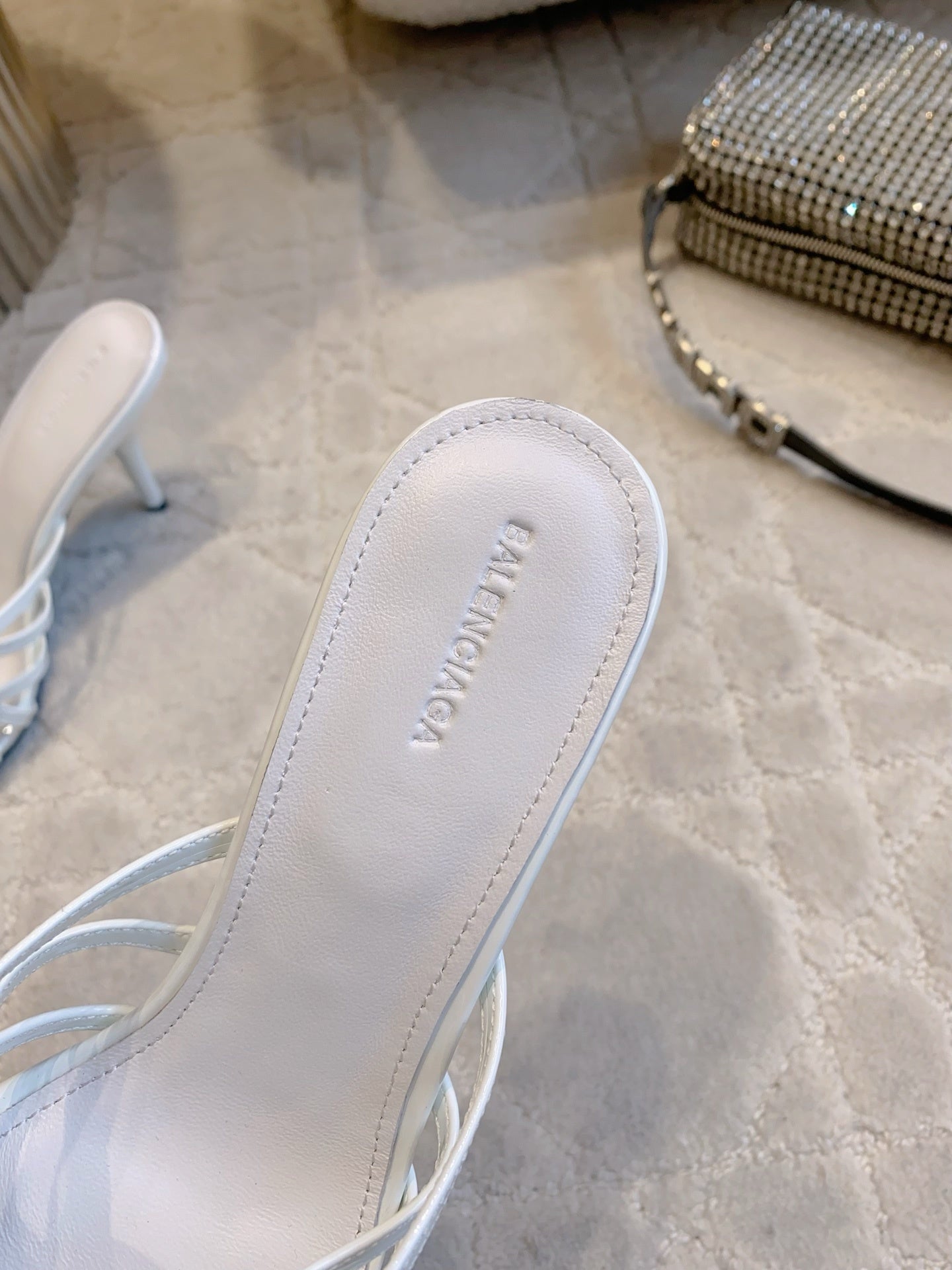CRYSTAL EMBELLISHED WHITE STRAPPY HEELS