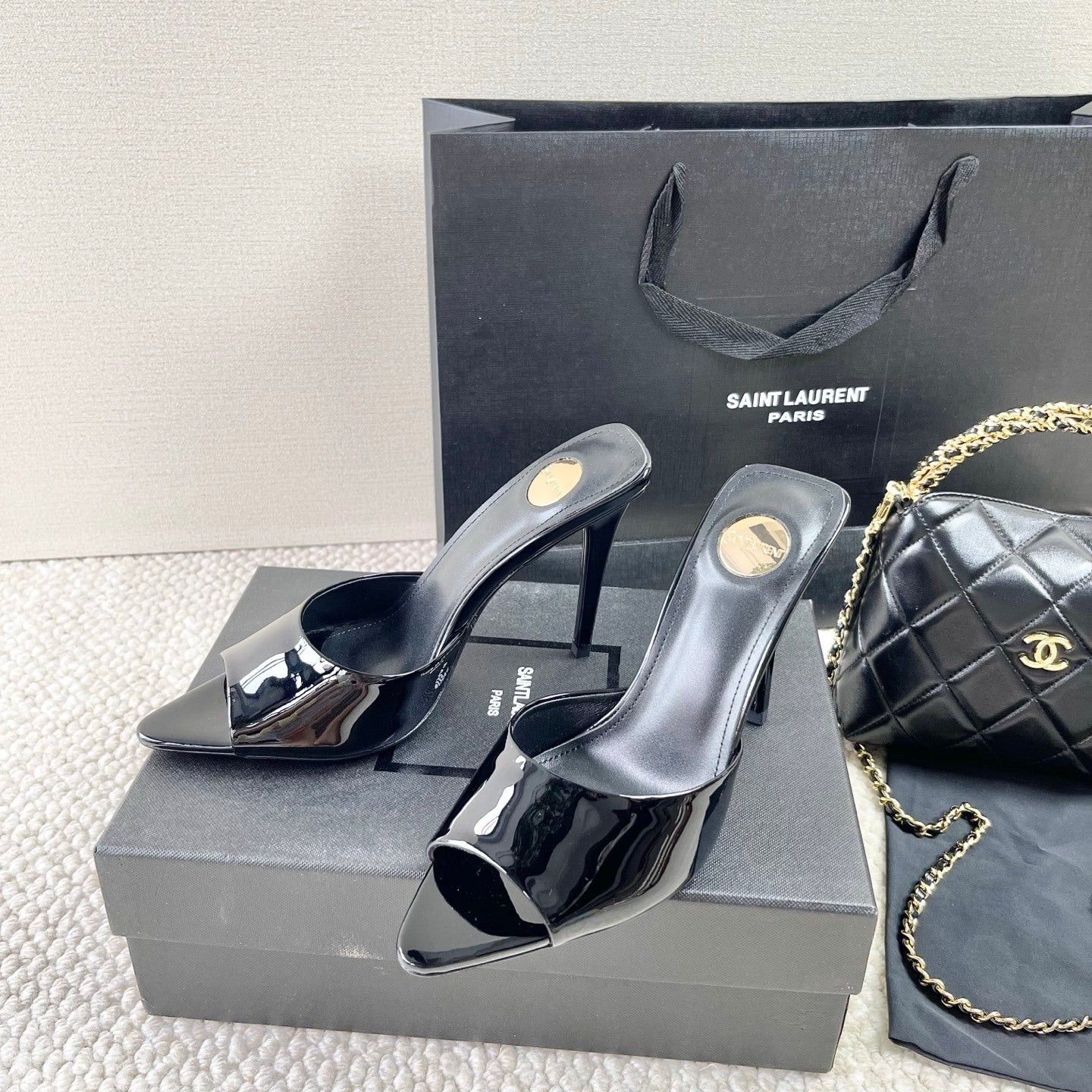 BLACK PATENT OPEN-TOE MULE HEELS