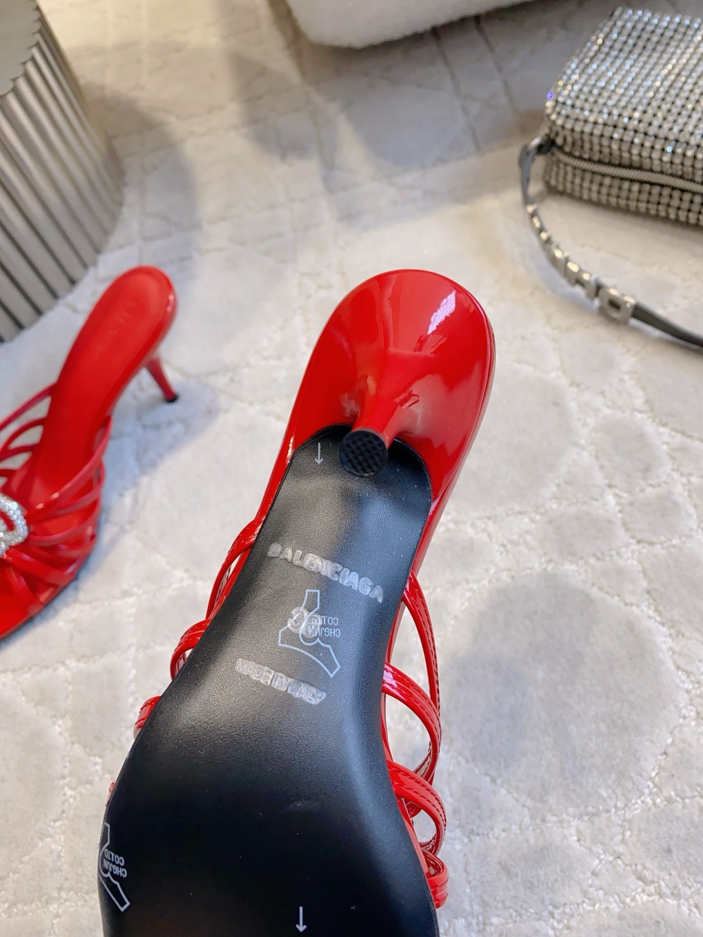CRYSTAL EMBELLISHED RED STRAPPY HEELS