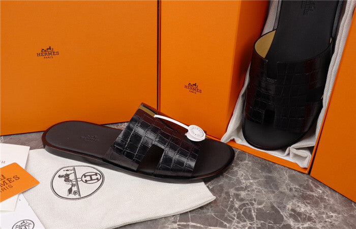 BLACK CROCODILE-EMBOSSED H-CUT LEATHER SLIDE SANDALS