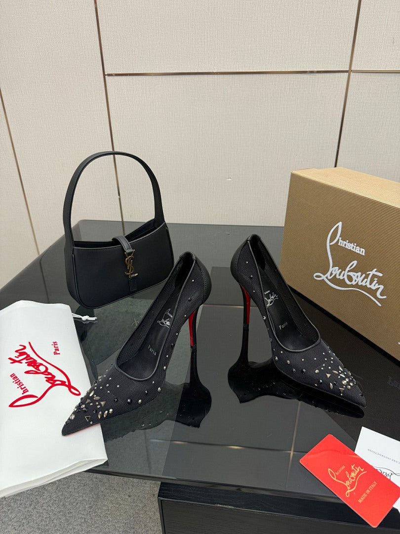 BLACK RHINESTONE MESH PUMPS