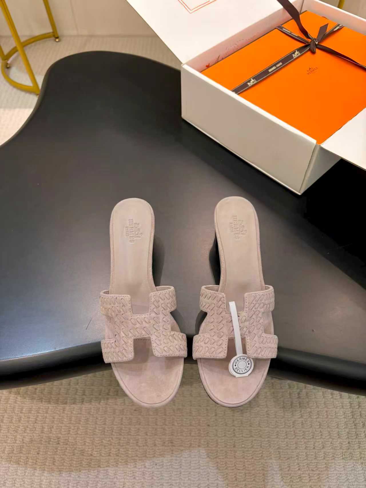 TAUPE SUEDE HEELED SLIDE SANDALS