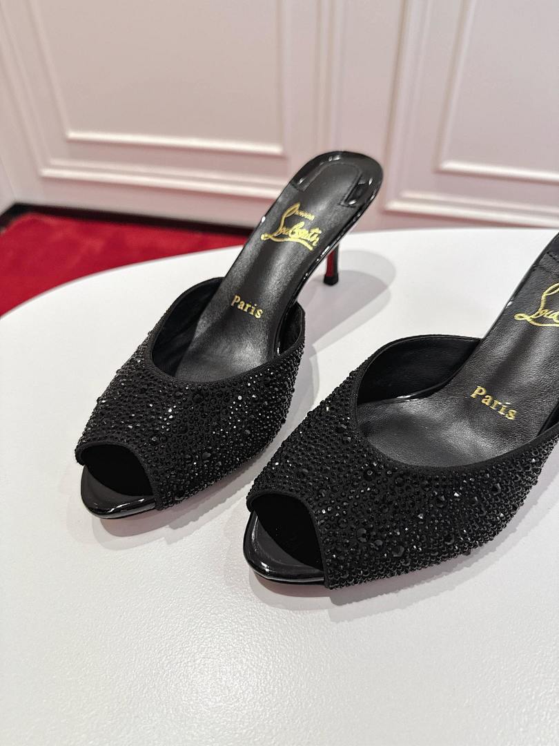 BLACK CRYSTAL OPEN-TOE MULE HEELS