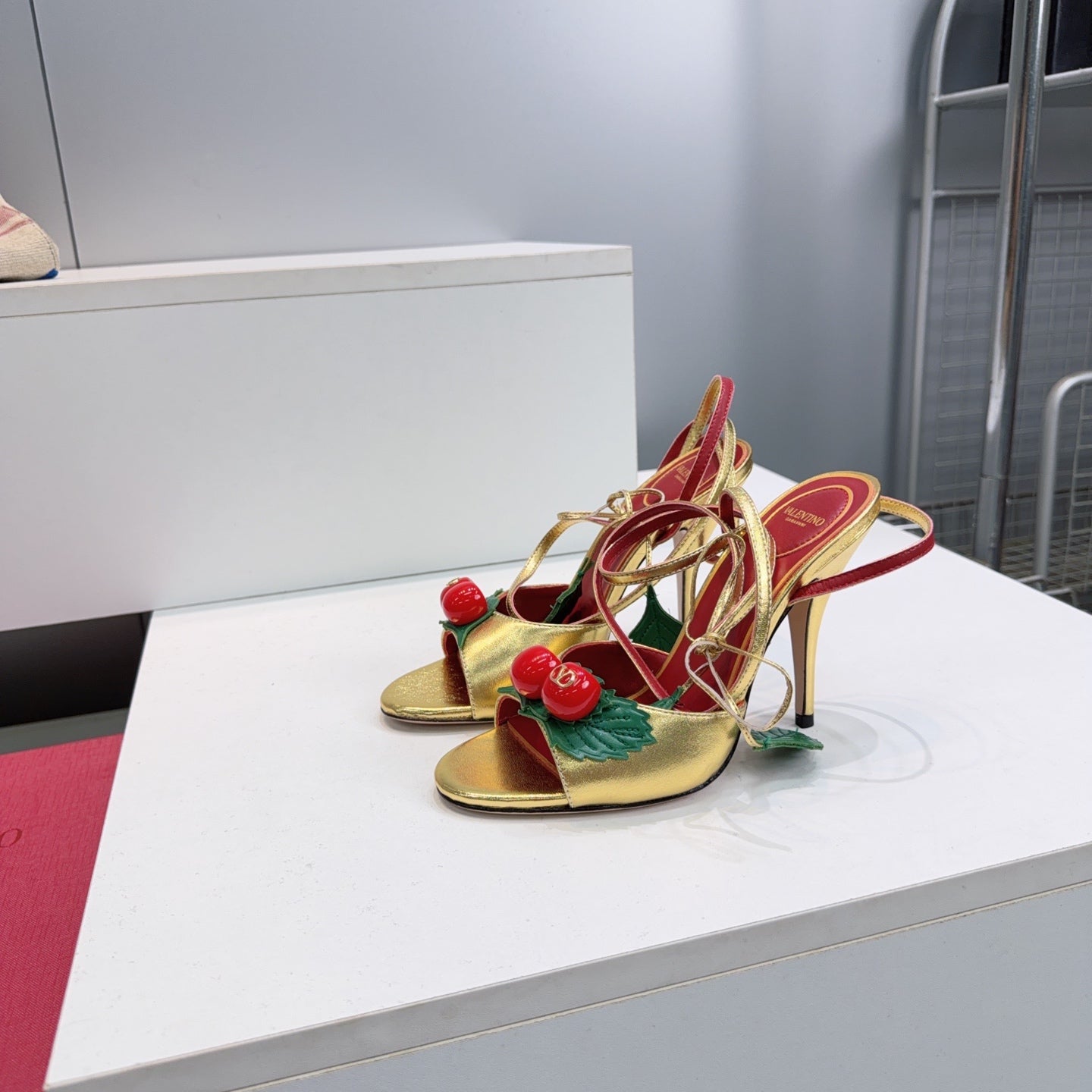 CHERRY EMBELLISHED STRAPPY HEEL SANDALS – GOLD