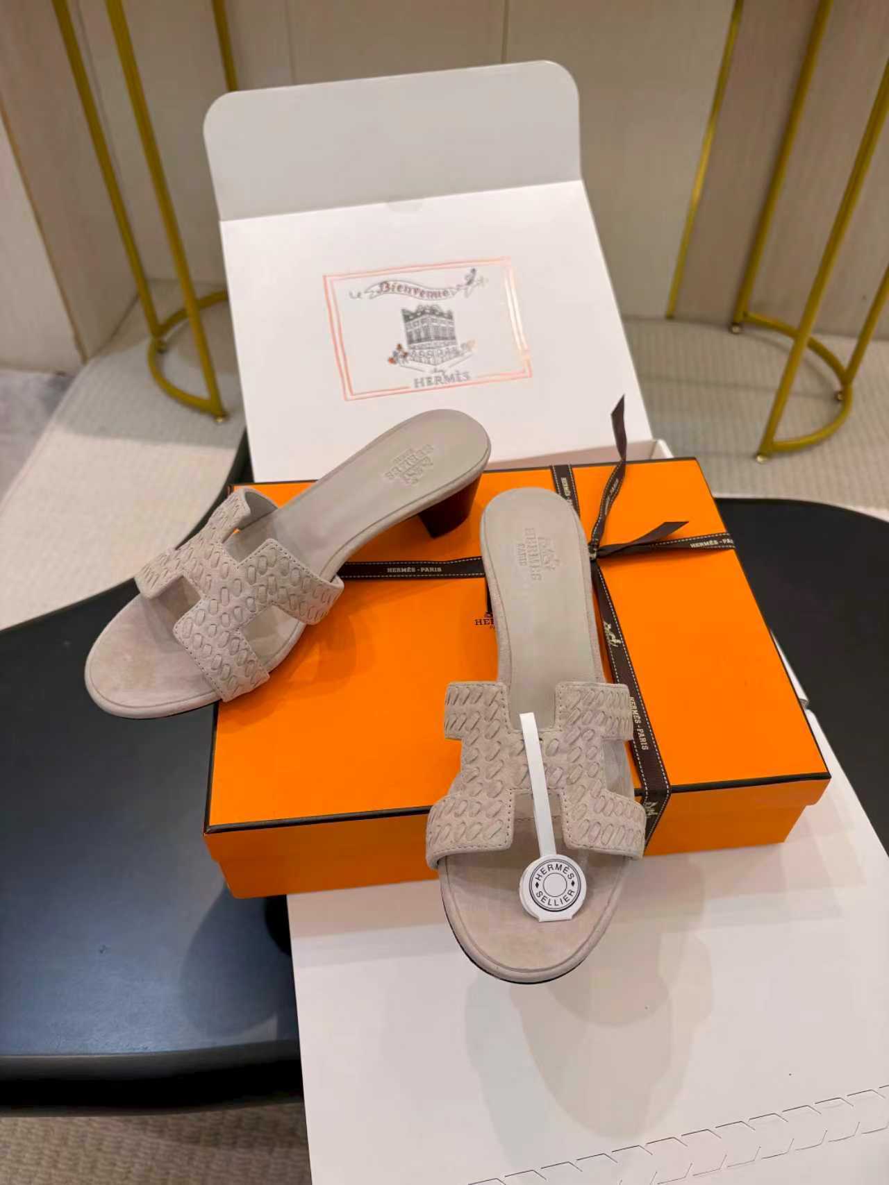 TAUPE SUEDE HEELED SLIDE SANDALS