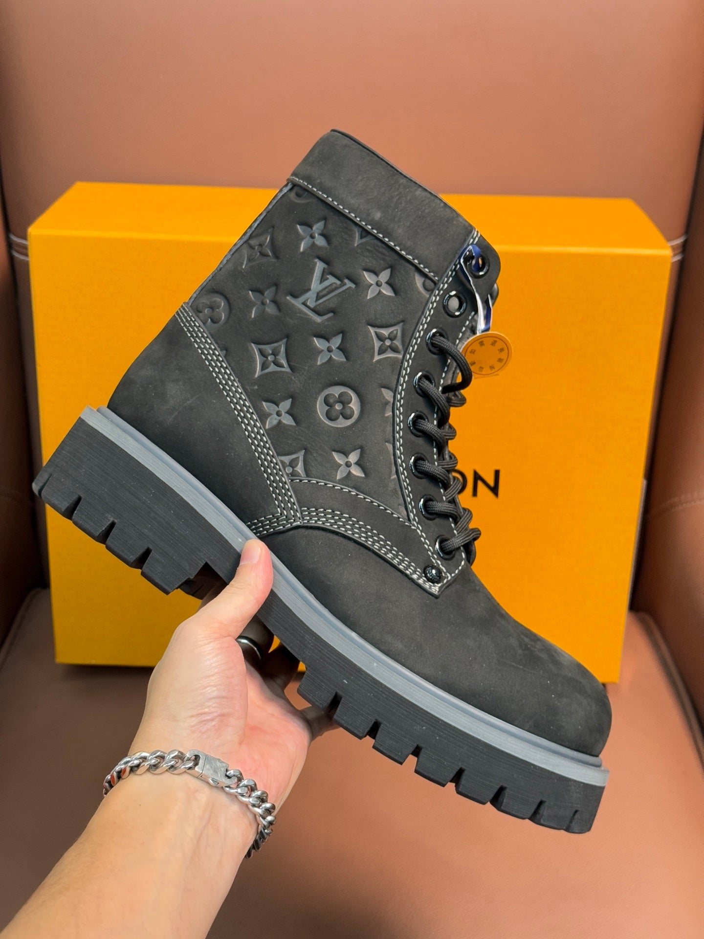 BLACK MONOGRAM SUEDE COMBAT BOOTS
