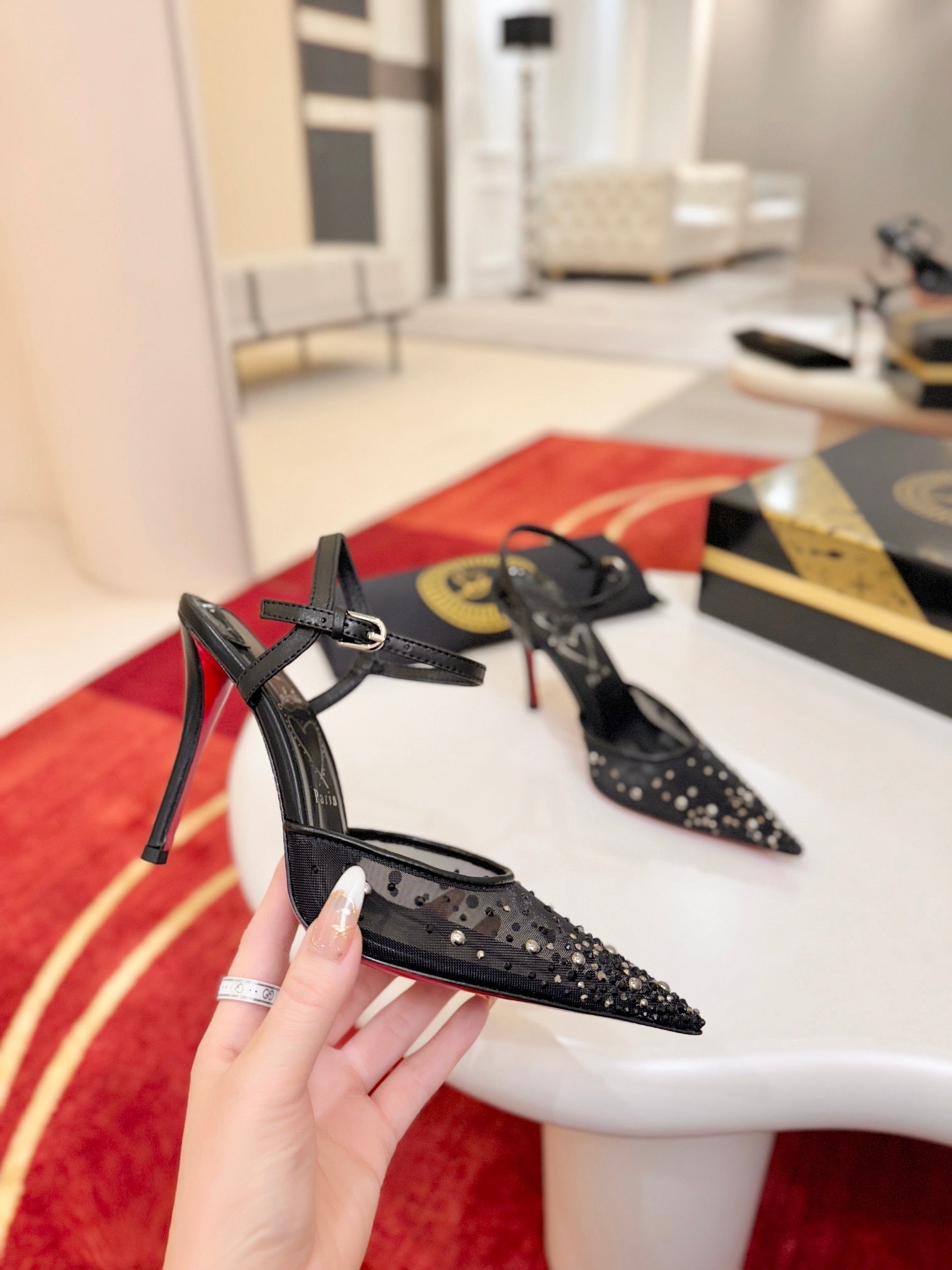 BLACK EMBELLISHED STRAP POINTED HEELS