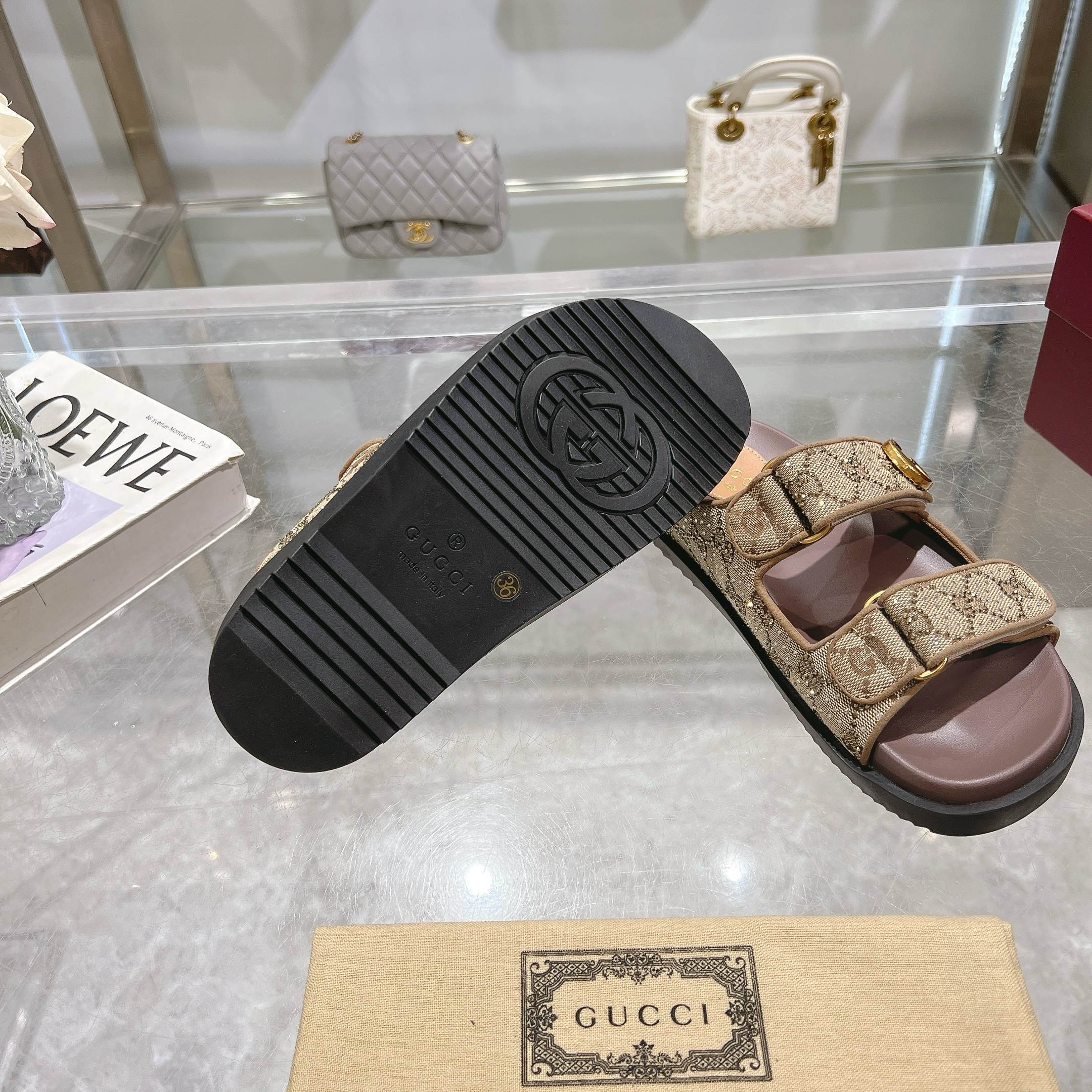 BEIGE MONOGRAM DOUBLE STRAP SANDALS