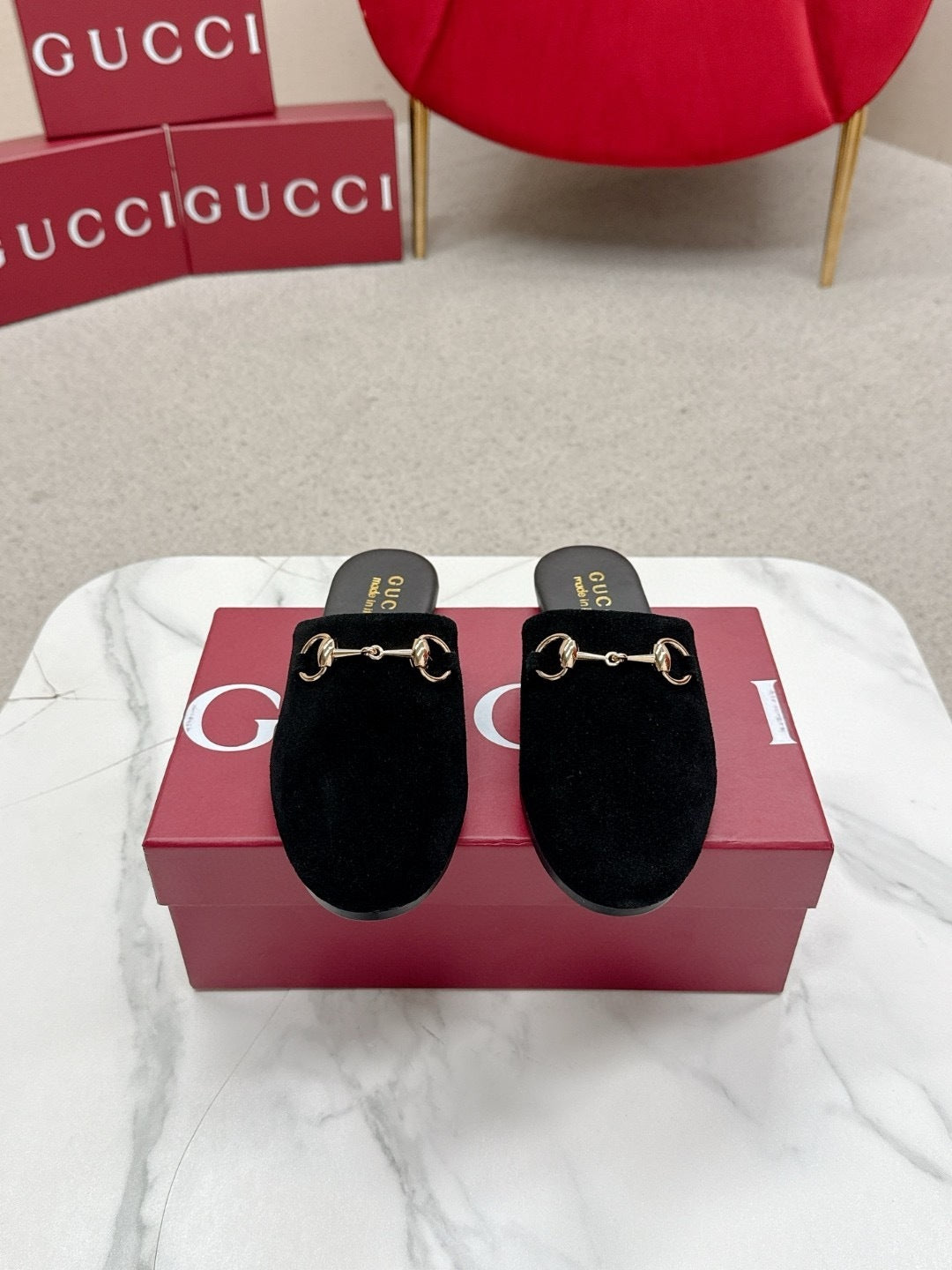 BLACK SUEDE HORSEBIT SLIP-ON MULES