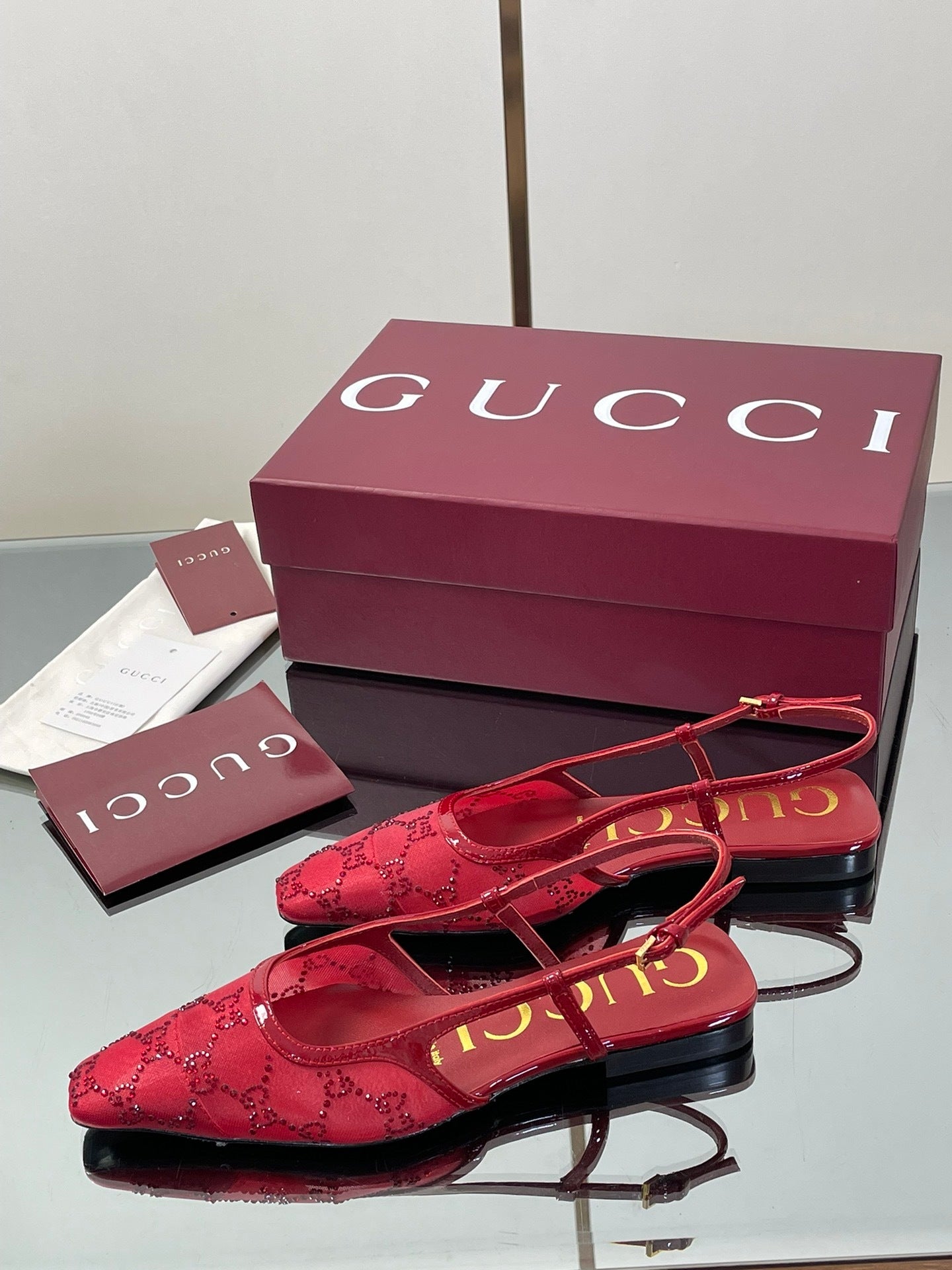 RED EMBELLISHED SLINGBACK FLATS