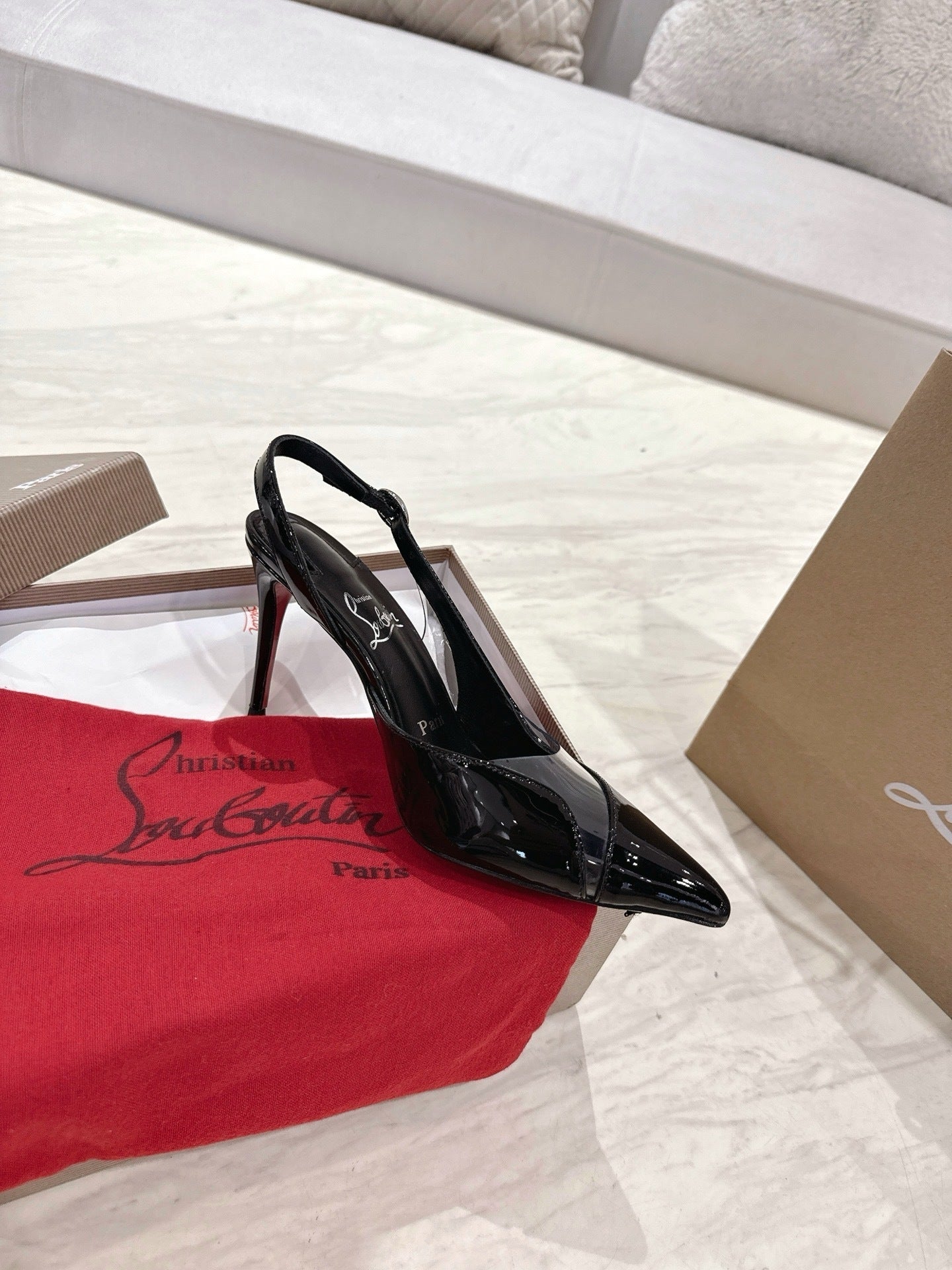 BLACK PATENT SLINGBACK HEELS WITH PVC DETAIL
