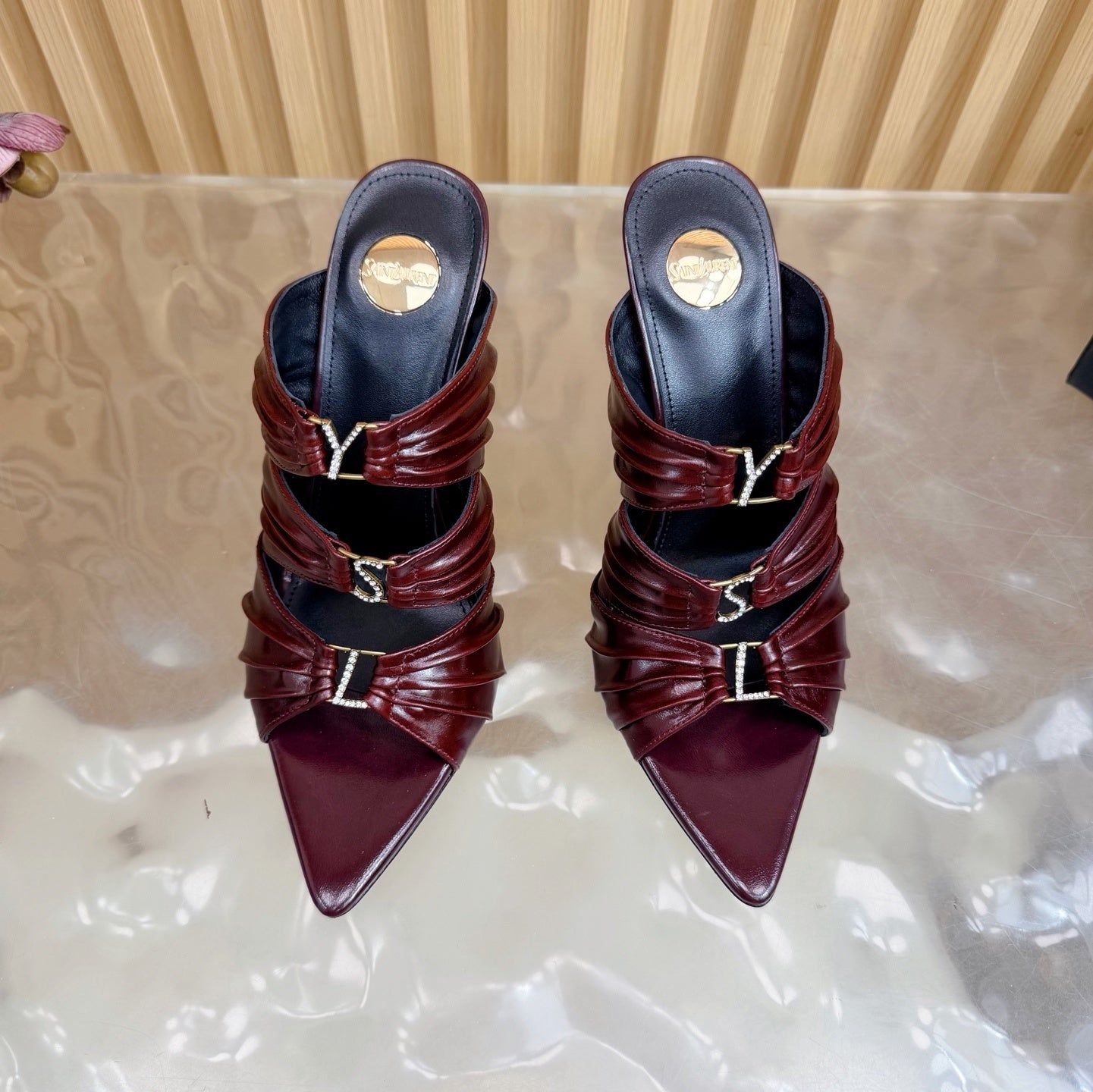 POINTED TOE PLEATED MULE HEELS