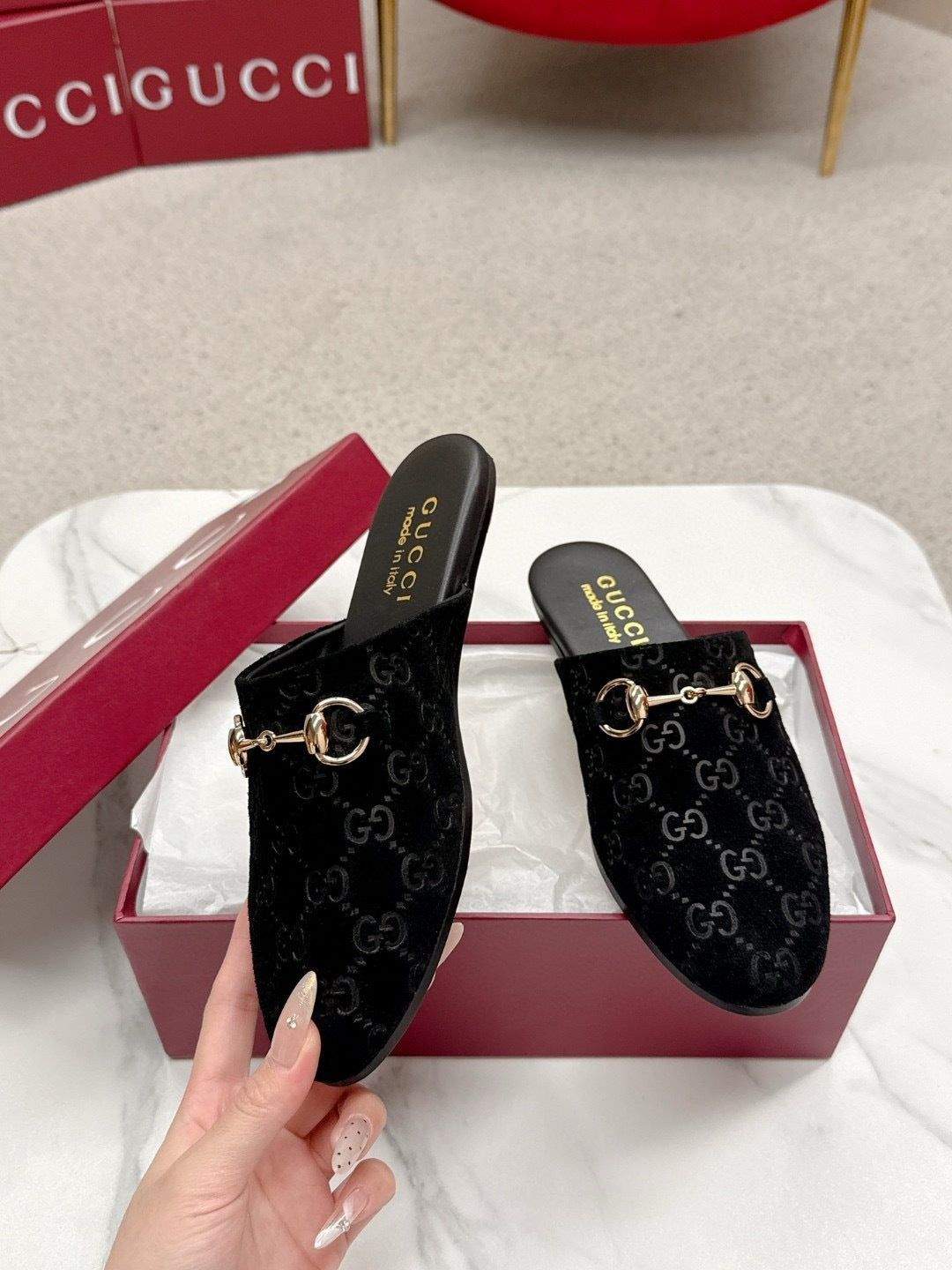 BLACK MONOGRAM VELVET HORSEBIT MULES