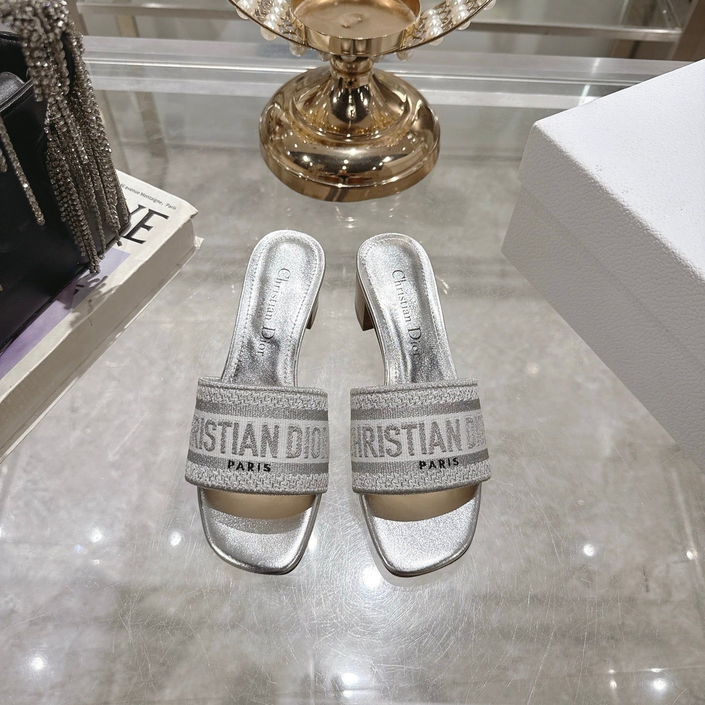 METALLIC LOGO JACQUARD LOW HEEL MULES