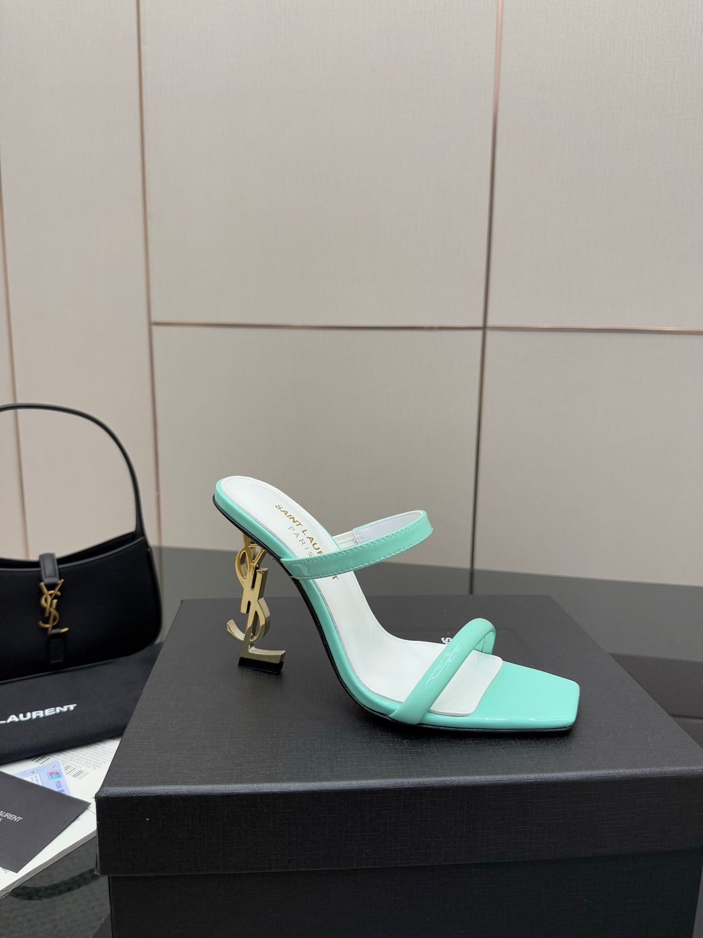 MINT GREEN STRAPPY HEELS WITH GOLD LOGO HEEL
