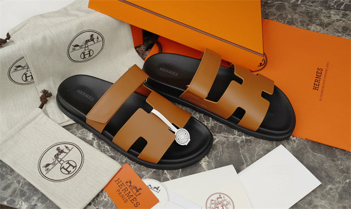 TAN DOUBLE-STRAP H-CUT SLIDE SANDALS