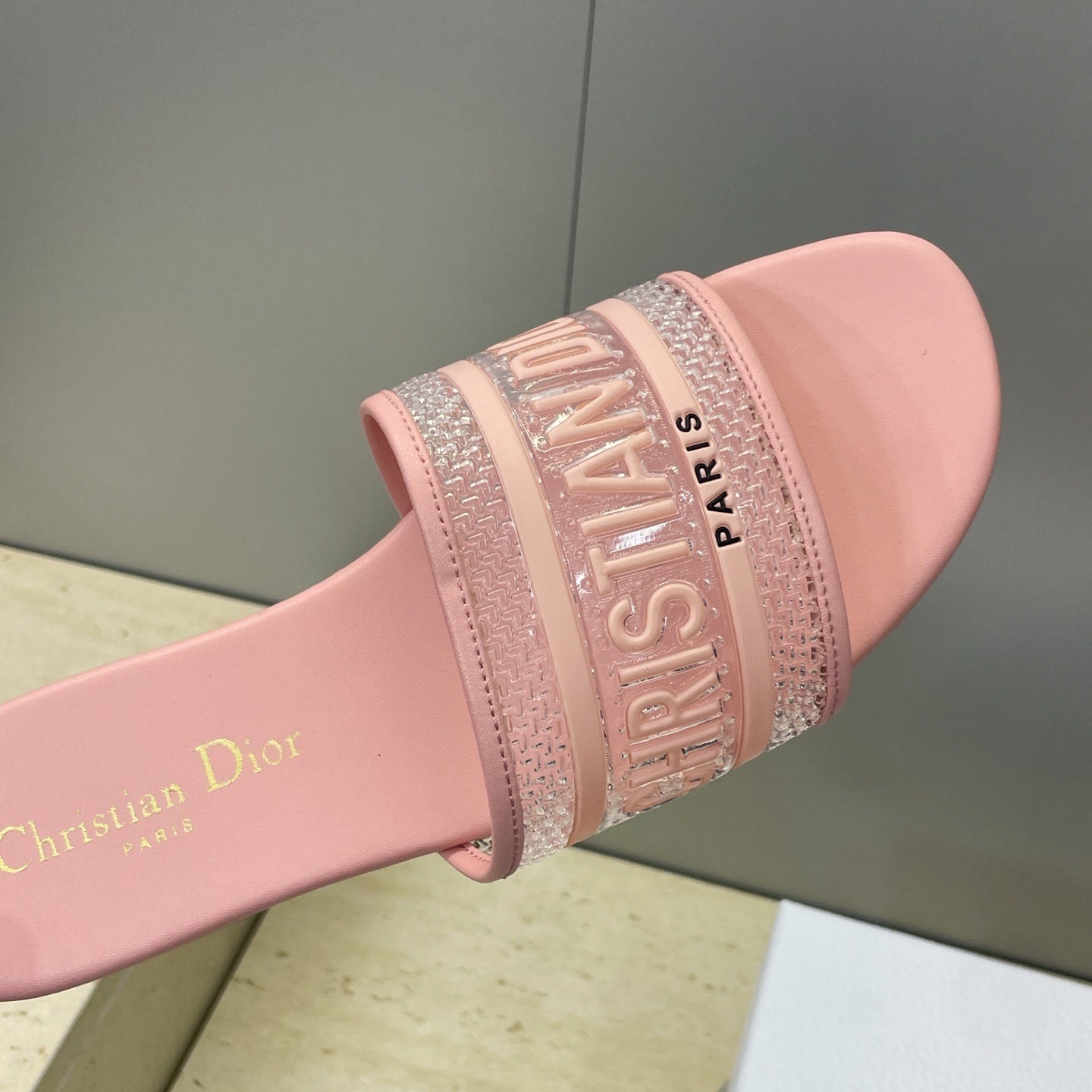PINK LOGO EMBOSSED SLIDE SANDALS