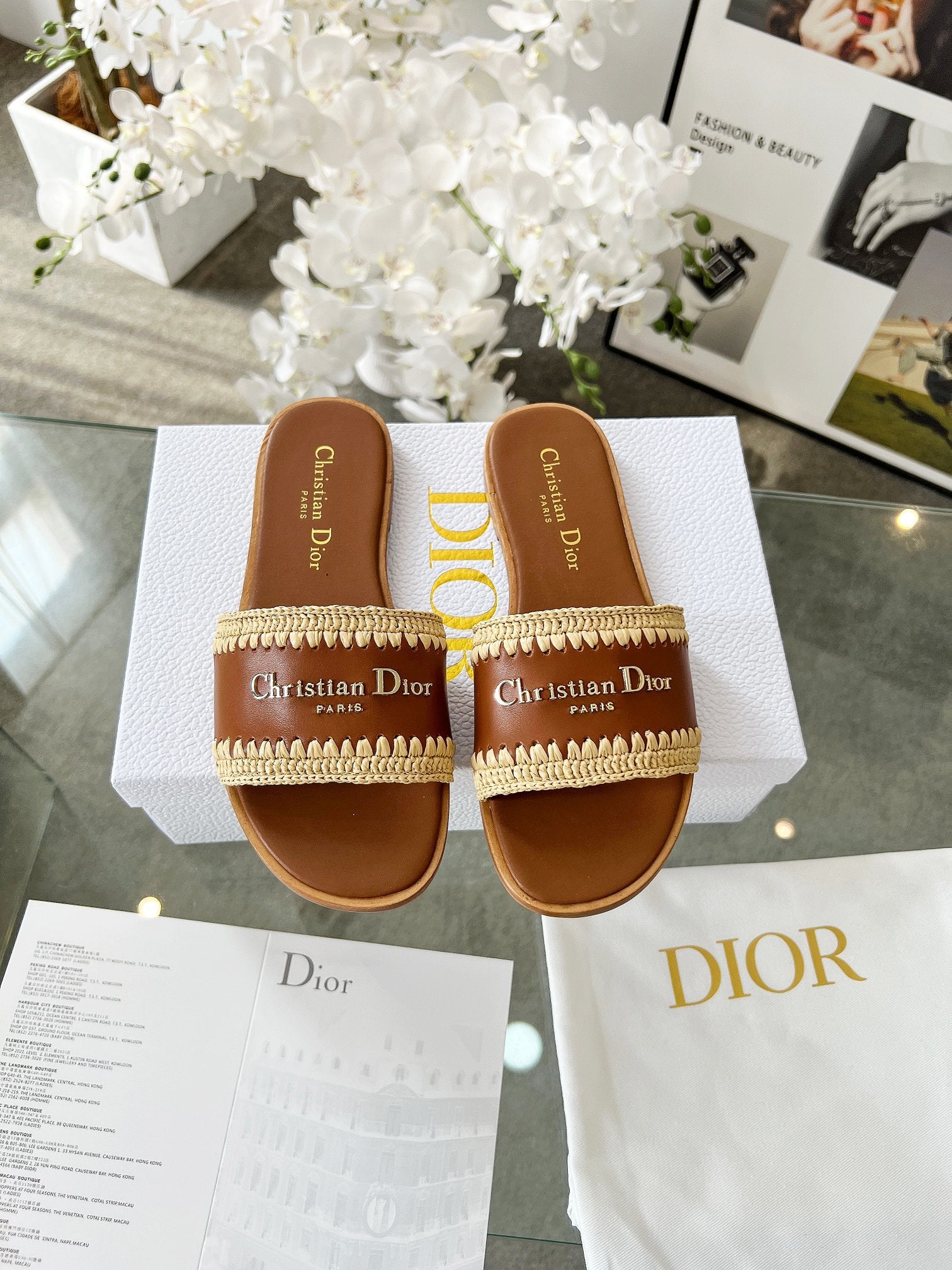 TAN WOVEN LOGO STRAP FLAT SLIDES