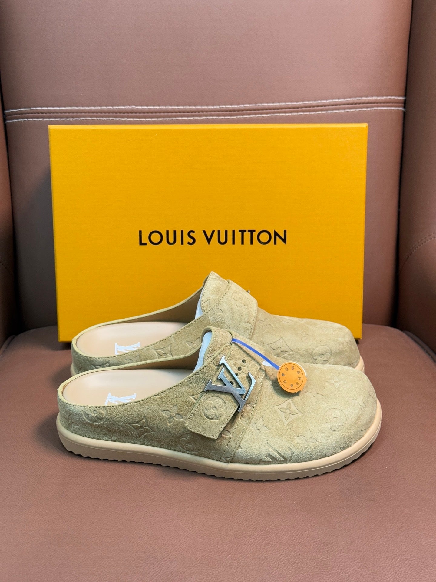 SUEDE MONOGRAM SLIDE CLOGS