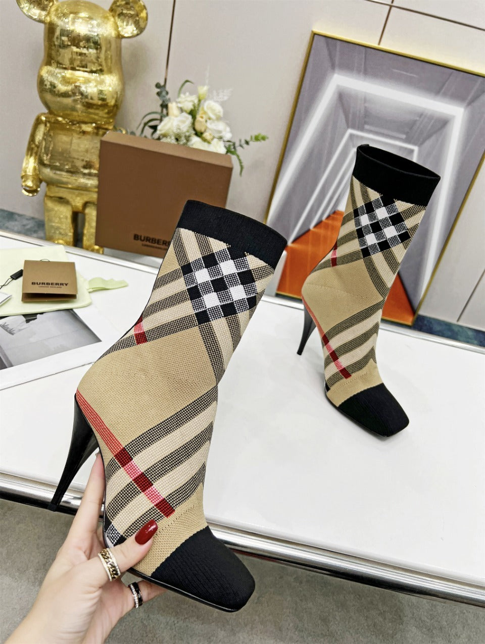 CHECK PATTERN KNIT ANKLE BOOTS WITH STILETTO HEEL