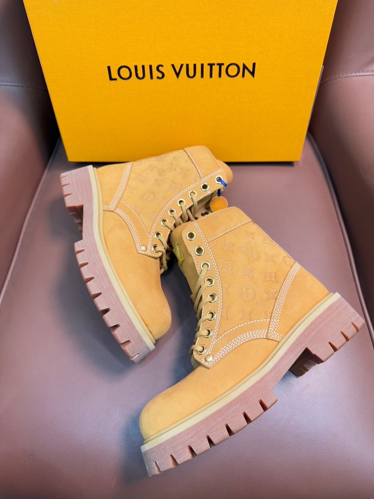 TAN MONOGRAM SUEDE COMBAT BOOTS