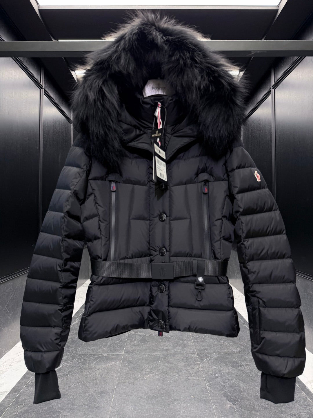 FUR HOODED BELTED PUFFER DOWN JACKET